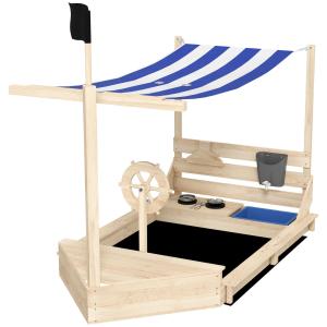 Sandlåda Piratskepp med Soltak och Barnkökslekset, Massivt Trä, Natur + Blå, 180 x 103 x 144,5 cm