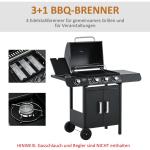 Gasolgrill med 3 Huvudbrännare + 1 Sidobrännare, Förvaring, Rostfritt Stål, Svart, 110 x 50 x 100 cm