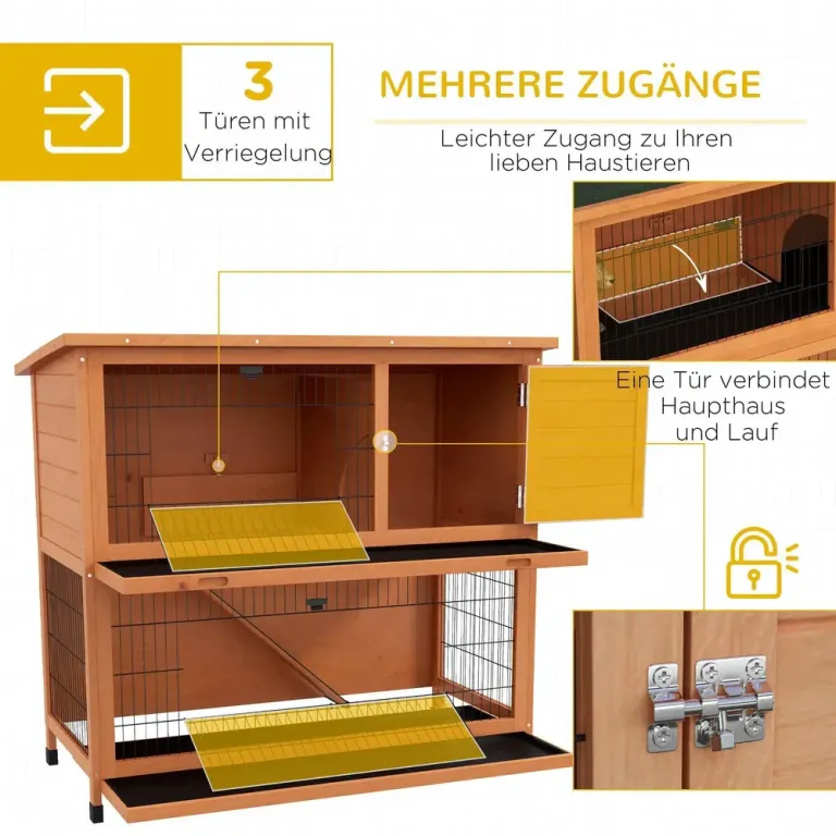 Kaninbur Kaninhydda Orange av Trä för 2 Kaniner 2-Vånings