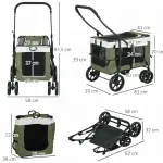 Hundvagn Dog Buggy, Hopfällbar med Avtagbar Korg och Stålram, Svart+Mörkgrön+Vit, 81x58x97,5 cm