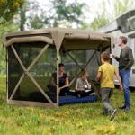 Lusthus Paviljong Sexkantig Pop-Up Khaki av Polyester och Metall för Camping och Trädgård Vattentätt Partytält 3,5 x 3 m