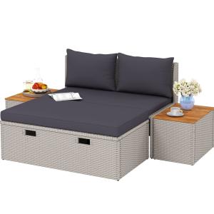 Solstol i Polyrattan för 2 Personer, Dubbelsäng med Fotpall och Förvaringskuddar, Grå, 125x114x72,5 cm