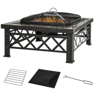 3-i-1 Eldstad med Grill och Ishink, Fyrkantigt Eldfat med Gnistskydd, Multifunktionell Utemöbel för Värme och Matlagning, Svart, 76 x 76 x 47 cm