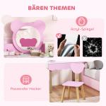 Sminkbordsset med Pall för Barn, Sminkspegel och Björnform med Låda i MDF, Rosa