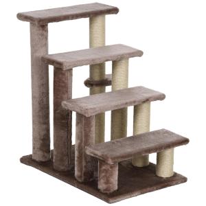 Katttrappa Djurtrappa Brun av Plysch och Trä för Husdjur upp till 5 kg 4-Stegs Trappa med Skrapstolpe 60 x 40 x 64 cm