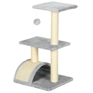 Kattträd 72 cm med Plyschbollar, Sisalstolpar, Plattform och Skrapbräda, Ljusgrå