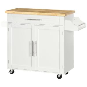 Köksvagn Serveringsvagn Vit av Trä och MDF för Vardagsrum och Matsal Vagn med Bänkskiva och Kryddhylla Handdukshållare 109 x 40 x 89 cm