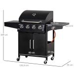 Gasolgrill BBQ med 3 Brännare à 3 kW, Mobil Grillvagn med 4 Hjul, Grillnät, Sidobord och Skåp, Metall, Svart, 132,4 x 55 x 109 cm