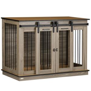 Hundbur Inomhusbur Ek av Trä och Metall för Medelstora Hundar med 2 Dörrar Hundhus för Lägenhet Robust Hundlåda 120 x 60 x 88,5 cm
