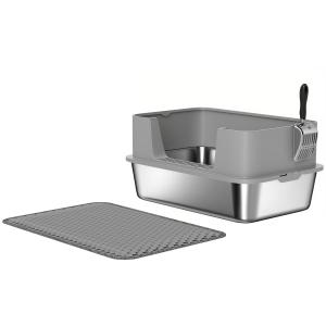 Kattlåda Rostfritt Stål med Matta Grå Metall för Katter Upp till 7 kg Öppen Toalett med Hög Kant och Spade Lättstädad och Hållbar 60 x 40 x 30 cm