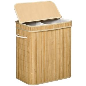Tvättkorg Tvättlåda med Lock och Handtag Natur av Bambu och Tyg för Badrum Korg med 2 Sektioner och Avtagbar Påse 90 l 54,2 x 35,2 x 59,5 cm