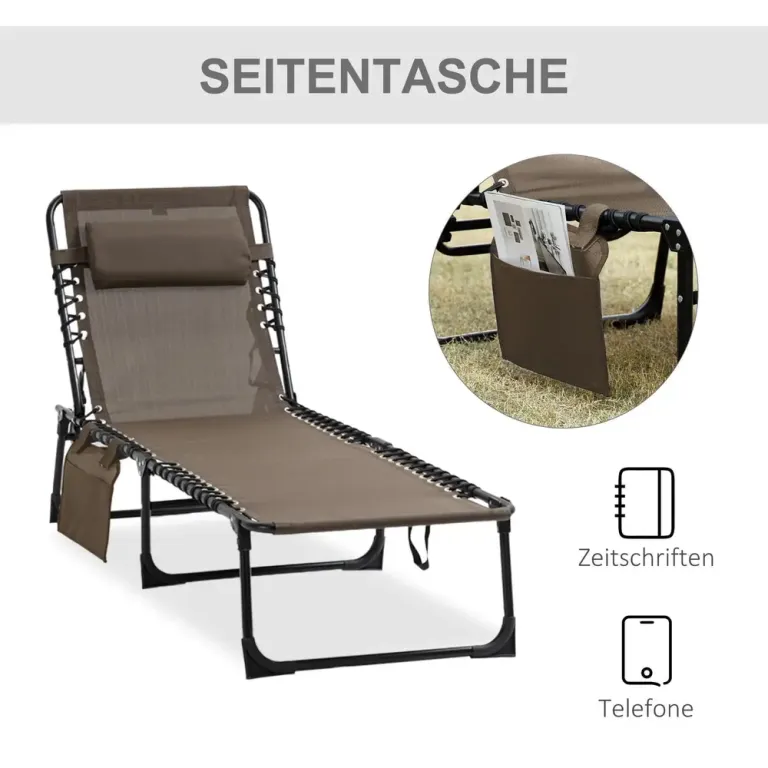Solstol Solsäng Hopfällbar med Kudde Brun av Metall och Tyg