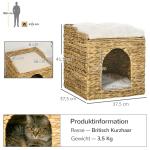 Kattgrotta Kattbädd Brun av Vattenhyacint för Katter upp till 5 kg 2-Nivå med Kudde Mysig Sovplats Naturlig Design