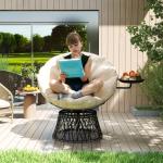 Papasan Stol i Rotting, 360° Roterbar Flätad Stol med Kudde, Rund, Beige, Ø90 cm