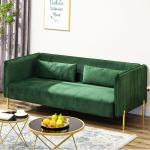 3-sits Soffa med 2 Kuddar, Sammetslook, Retrodesign, Avtagbart Överdrag, Grön, 195 x 88 x 76 cm