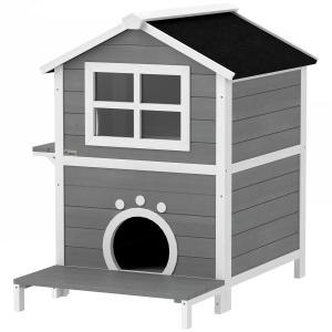 Katthus Kattgrotta med Balkong Grå av Trä för Katter och Små Hundar Väderbeständigt Hus med 2 Nivåer 66 x 66 x 90 cm