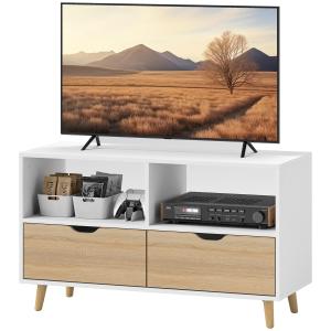 TV-Bänk TV-Skåp Lowboard med Låda Vit av Trä för Vardagsrum TV-Bord med 2 Hyllplan Längd 99 cm