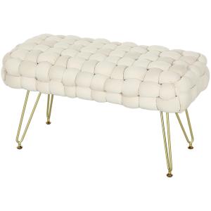 Fotpall Fotstöd Krämvit av Sammet och Metall för Vardagsrum Stoppad Bänk med Vadderad Sits 76 x 38 x 41,5 cm