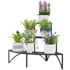 Växtställ Blomsterhylla med 3 Våningar Svart av Metall för Inomhusbruk och Balkong Blomstertrappa för Dekoration 60 cm