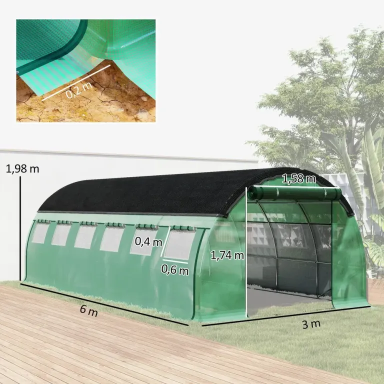 Växthus Filmtunnel 12 Fönster Grön av PE 6 x 3 x 2 m