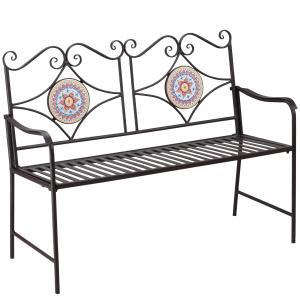Trädgårdsbänk med Mosaik, Dekorativ Parkbänk med Ryggstöd i Metall, Robust Utemöbel för Trädgård, Brun, 121 x 52 x 93 cm, 220 kg