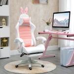 Ergonomisk Gamingstol med Svankstöd, Fotstöd och Bunny Ears-kudde, Rosa