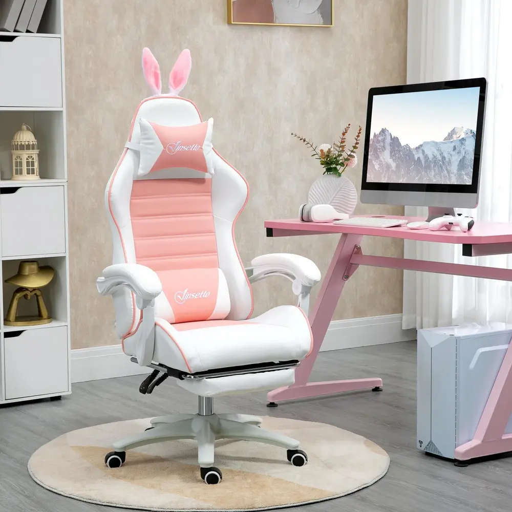Ergonomisk Gamingstol med Svankstöd Fotstöd och Bunny