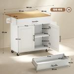 Köksö på Hjul med Fällbar Skiva Vit MDF och Gummiträ för Kök Mobil Serveringsvagn med Låda och Handdukshållare Praktisk Arbetsbänk 120 x 68 x 85 cm