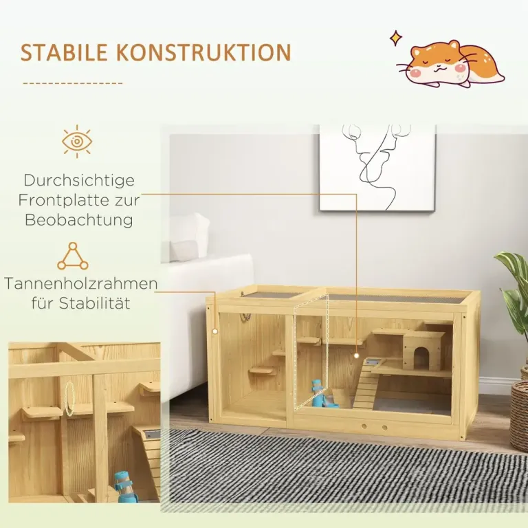 Hamsterbur Smådjursstall Natur av Trä för Gerbiler 100 cm