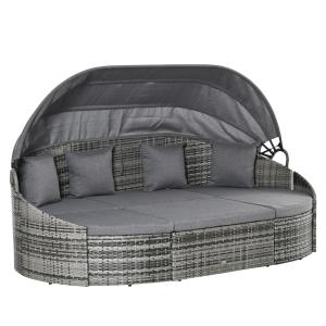 Solö i Konstrotting 4 Delar, Rund Trädgårdssäng med Solskydd och Kuddar, Modulär Loungegrupp för Uteplatsen, Grå, 230 x 145 x 80 cm