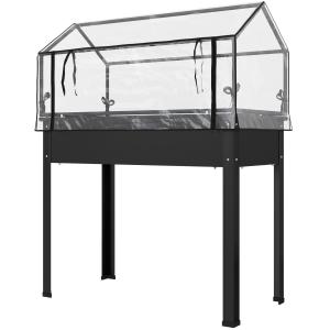 Odlingskrage med Växthustak och Dräneringshål för Odling i Trädgård Hållbar och Väderbeständig Svart Trä och Plast 100 x 48 x 124 cm
