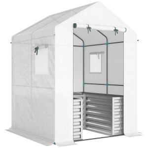 Tomatväxthus med Drivbänk Vit PE-plast och Stål för Trädgård Odlingshus med Rullport och Snedtak Väderbeständigt 141x141x190 cm