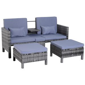 Trädgårdssoffa Lounge Sittgrupp Grå Polyrotting och Metall 2-Sits Soffa 2 Pall och Kuddar