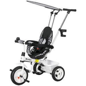 Trehjuling Barncykel Vit av Metall och Plast för Barn 1-5 År 6-i-1 med Push-Bygel och Solskydd Balanscykel Korg