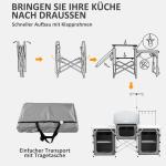 Campingkök Utekök Grå av Aluminium och Oxford Tyg för Trädgård Fällbart med Vindskydd och 3 Skåp Bänkskivor