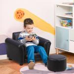 Barnfåtölj med Fotpall i Konstläder, Bekväm Minisoffa för Barn 3-7 År, Ergonomisk Sittplats med Träram för Barnrummet, Svart, 54 x 42 x 41 cm