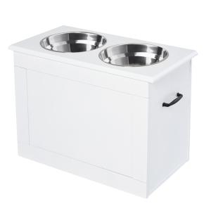 Matbar för Hund med Förvaring, Upphöjd Matstation med Två Rostfria Skålar, Praktiskt Foderskåp i Vitt Trä, Vit, 60 x 30 x 41 cm
