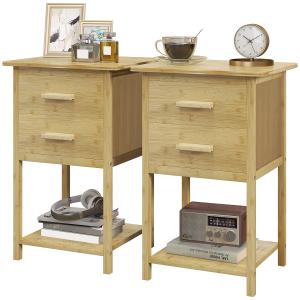 Sängbord, Set med 2, Scandi Design, 2 Lådor och Hylla, Bambu, 40 x 34 x 60 cm