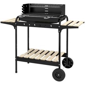 Kolgrill BBQ Rökare med Hjul Svart av Metall och Trä för Camping och Terrass Mobil Grillvagn med Hylla 103 x 47 x 95 cm