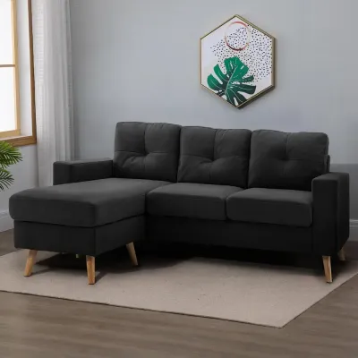 Hörnsoffa l-Form Soffa Svart av Tyg med Linnelook 3-Sits