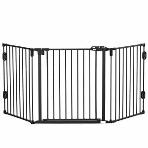 Justerbar Hundgrind med Dörr, Fristående Säkerhetsbarriär i Trä, Flexibelt Skydd för Dörröppningar, Brun, 202,5 x 76 cm