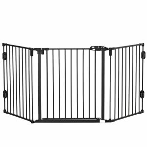 Justerbar Hundgrind med Dörr, Fristående Säkerhetsbarriär i Trä, Flexibelt Skydd för Dörröppningar, Brun, 202,5 x 76 cm