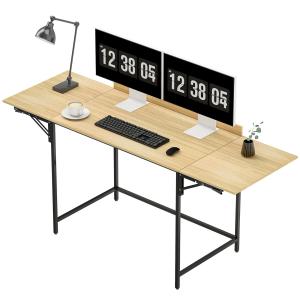 Hopfällbart Datorbord med 2 Förlängningspaneler, Bildskärmsstöd och Metallben, Ek+Svart