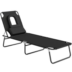 Solsäng Prisvärd Svart Metall för Trädgård och Strand Hopfällbar Design med Ansiktshål och Kuddar för Avkoppling och Sol