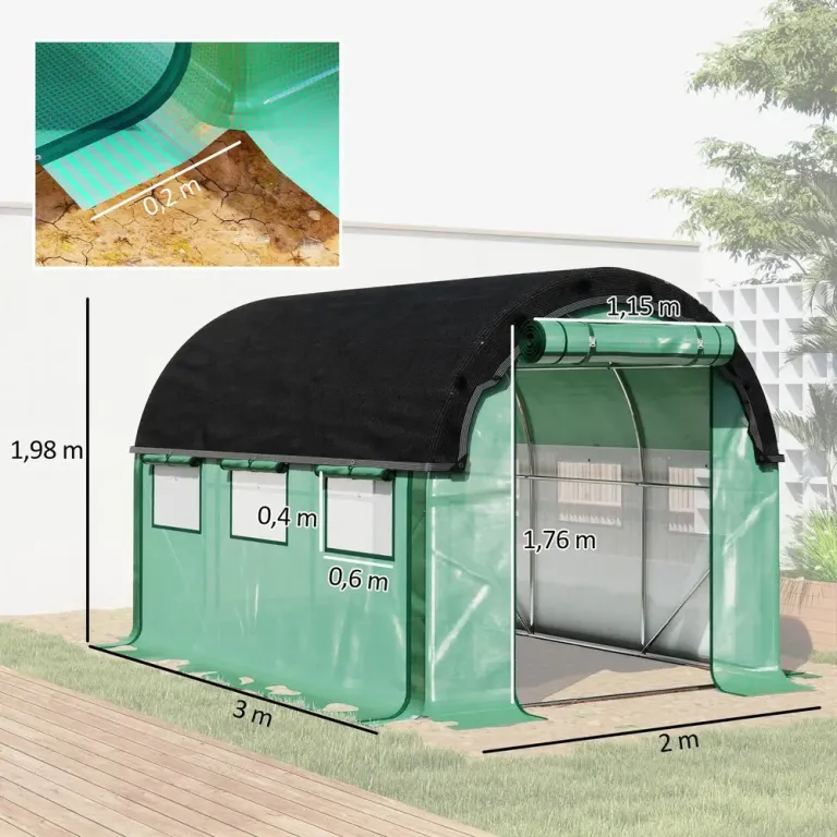 Växthus Filmtunnel 6 Fönster Grön av PE 3 x 2 x 2 m
