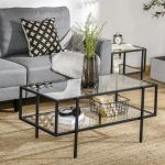 Soffbord i Glas med 3 Hyllplan, Modernt Sidobord med Svart Stålram, Elegant Förvaring för Vardagsrum, Svart, 100 x 55 x 45,5 cm