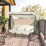3-Sitsig Hammock med Soltak, Bekväm Trädgårdsgunga med Justerbar Vinkel, Väderbeständig Hängsoffa för Avkoppling, Beige, 200 x 120 x 164 cm