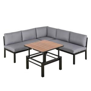 Loungegrupp i Aluminium för 4 Personer, Modern Utemöbel med Lyftbart Soffbord, Bekväm Soffa med Dynor för Terrass, Grå