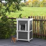 Katthus Kattgrotta Grå Vit av Trä för Utomhusbruk 2-Vånings Väderbeständigt Hus med Tak och Balkong 60 x 60 x 81,5 cm