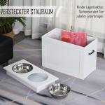 Matbar för Hund med Förvaring, Upphöjd Matstation med Två Rostfria Skålar, Praktiskt Foderskåp i Vitt Trä, Vit, 60 x 30 x 41 cm